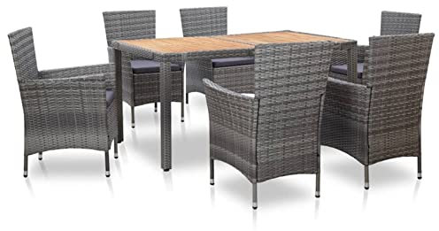 Sufrk 7-TLG. Garten-Essgruppe mit Auflagen Poly Rattan Grau Sitzgruppe Outdoor