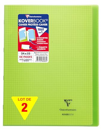 Clairefontaine 984603AMZC Lot de 2 Cahiers Agrafés Koverbook Verts - 24x32 cm - 48 Pages Petits Carreaux avec Marge - Papier Blanc 90 g - Couverture Polypro