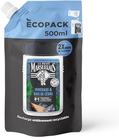 Le Pe Marseillais | Nachfüllpack Duschgel für Herren, Mineralien & Zedernholz (500 ml Ökopack) – 4-in-1-Formel für Körper, Haar, Gesicht & Bart – 92% Inhaltsstoffe natürlichen Ursprungs und