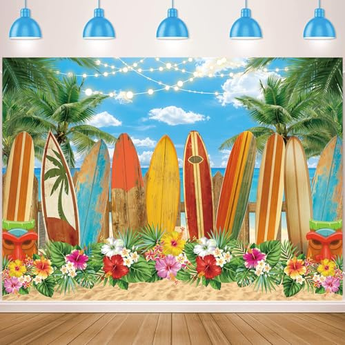 Sommer-Surfbrett-Party-Hintergrund, Aloha, tropische Palme, Blume, blauer Himmel, Ozean, Surfen, Hawaii-Fotografie-Hintergrund, Babyparty, Geburtstag, Party, Dekoration, Luau Tiki, Fotohintergrund