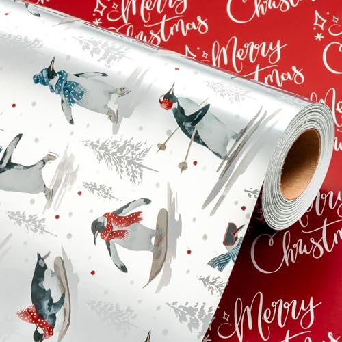 Wikadlik Weihnachts-Geschenkpapier-Rolle – 43 cm x 10 m – Metallic Silber Cool Pinguin Skifahren Merry Christmas Script Urlaub Geschenk Geschenkpapier für Winter Festliche Party Feiern
