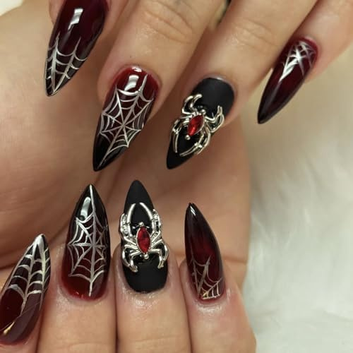 Viugex 24Pcs Halloween Press on Nails Medium Almond, Red Black Gradient False Nails with Spider Web Design, 3D Spider Charms Acrylic Fake Nail, Full Cover Artificial Glue on Nails for Women Girls
