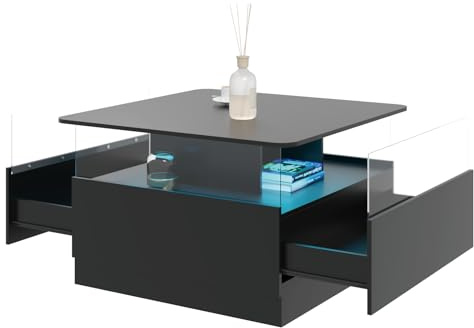 KEEPREAPER Couchtisch quadratisch mit LED und 2 Acryltüren-Schubladen | Wohnzimmertisch, Beistelltisch, für Wohnzimmer 78 x 78 x 48cm Schwarz