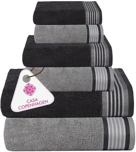 Casa Copenhagen He & She 6-teiliges Handtuchset, Kieferngrau + Grauviolett, 550 g/m²2 Badetücher, 2 Handtücher, 2 Waschlappen, Entworfen in Dänemark Aus ägyptischer Baumwolle für Bad, Küche & Dusche