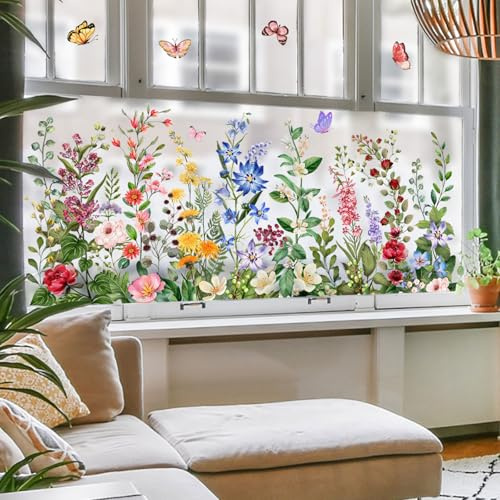 milaosk Fensterbilder Frühling Blumen Fenster Aufkleber Fensteraufkleber Selbstklebend Bunte Fenstersticker Sommer Vögel Anti-Kollision Fensterfolie Wildblumen Fensterdeko Glasaufkleber Glas Deko