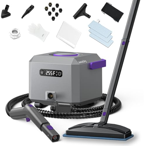 awasky Canister Steam Cleaner: 50-Sec Heat-Up, 0.6 Gal Tank Refill Anytime (Non-Pressurized), 1650W, 60 PSI, 21-Pcs Kit, Dry/Wet Modes, Detachable Hose for Tile Grout Furniture Floor Car Cleaning Gray
