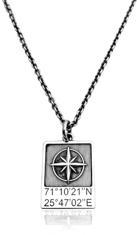 ViMon Collier Homme Argent 925 Coordonnées Personnalisées avec Rose des Vents - Gravure Nom ou Date - Cadeau Homme Voyageur Made in Italy