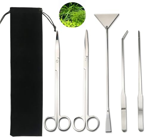MINGZE 5PCS Aquarium Landschaft Werkzeug Set Abdeckung, 5-in-1 Aquarium Werkzeug, Edelstahl Aquarium Werkzeug Pflege Set Pinzetten Schere Spatel Werkzeug Fisch Starter Kits Aquarium Pflanze Kies Reini