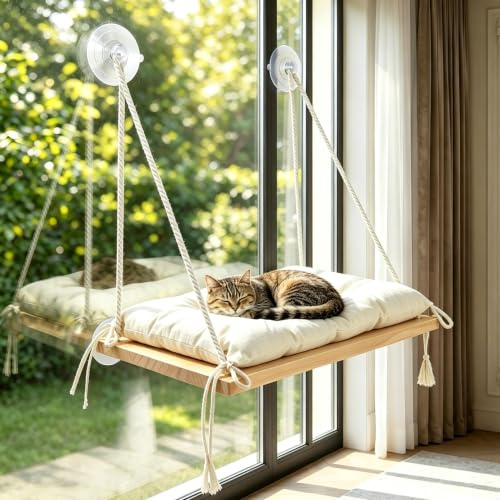 Katzenhängematte Fenster aus - Höhenverstellbare Fensterliege für Katzen mit blassgelb Weichem Kissen & Starken Saugnäpfen, Größe 42.5 x 31.5 cm, Stabiler Katzensitz Sonnenbaden & Vogelbeobachtung