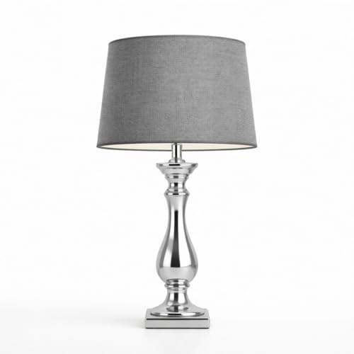 DRULINE Lovely Tischlampe 60 cm Tischleuchte Nachttischlampe mit Grauem Stoffschirm & Silbernem Keramikfuß mit Kabelschalter für Schlafzimmer, Wohnzimmer, Büro Dekolampe E27, Leselampe