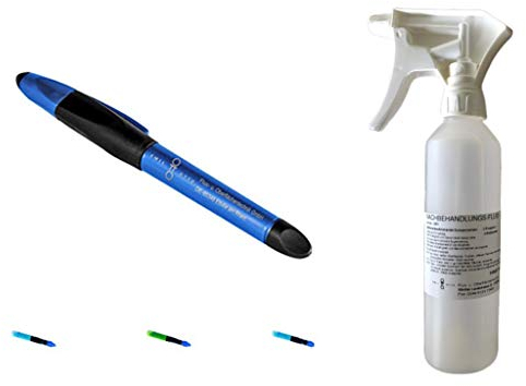 Profi-Set: Metall-Ätzstift mit 3 Minen (VA, K-Extra u. AL), damit universal anwendbar + 250 ml Nachbehandlungs-Fluid in Sprayflasche - konservierender Metallschutz nach dem Einsatz von Ätzern