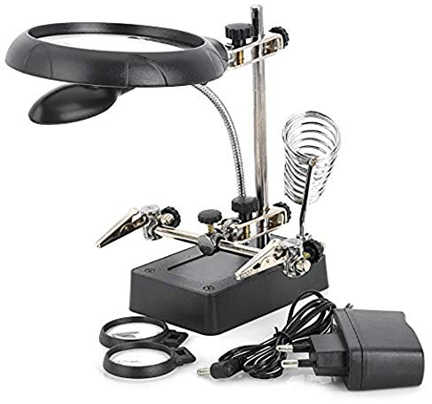 EUROXANTY- Lupa 5 LED para Soldadura 3 Lentes 2.5mm 7.5mm 10mm Pinzas de Cocodrilo Soporte para Soldador