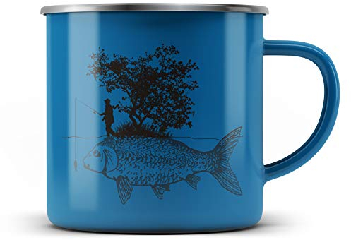Ma2ca® Carp Fishing Karpfen Angler Angeln Emailletasse Campingbecher Tasse Emaillebecher Kindertasse Becher-blau
