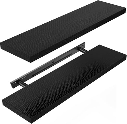Amada Wandregal 60 cm mit unsichtbaren Halterungen, 2er-Set, Schwarz | Schweberegal mit verdeckten Metallhalterungen für Bad, Schlaf- und Wohnzimmer, je Brett bis 10 kg, einfache Montage