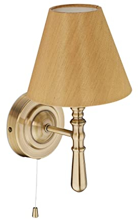 Relaxdays Wandlampe mit Schirm, innen, Zugschalter, Flur & Wohnzimmer, E14, Stoff, Metall, HxBxT: 28x16x19 cm, messing