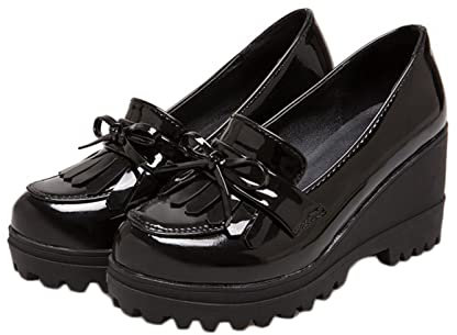 Scarpe con Tacco a Zeppa per Donna Mocassini Casual Eleganti con Nappe con Nodo a Fiocco in Pelle Verniciata Scarpe con Plateau Antiscivolo Resistenti