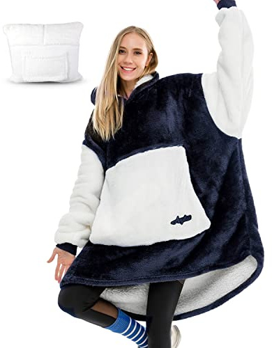 Argstar Übergroße Hoodie decke, tragbare Decken Hoodie für Damen und Herren, weiche Kapuzendecke, kuschelige Sherpa-Decke, warmes Hoodie mit Tasche und Ärmeln für Erwachsene, Navy blau