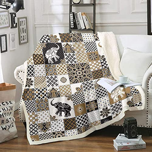Loussiesd Bohemian Sherpa Decke 150x200cm Boho Mandala Print Fleece Decke 3D Elefant Geometrische Gitter Plüschdecke für Erwachsene Vintage Indian Tribal Fuzzy Decke für Schlafsofa Couch Wohndecke