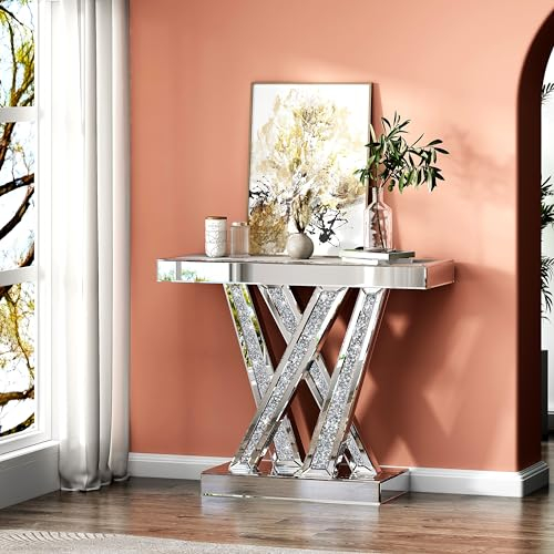 Table console moderne avec finition miroir, style glamour W argenté incrusté de cristaux écrasés étincelants, table d'appoint contemporaine de 88,9 cm pour salon, couloir, entrée