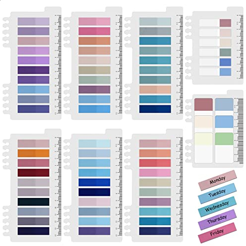 Vicloon Tabs with Ruler, 1380pcs Morandi Page Markers, 8pcs Coloured Index Tabs Sticky Tabs Colored Page Markers Labels for Books Page Bookmarks Office Supplies