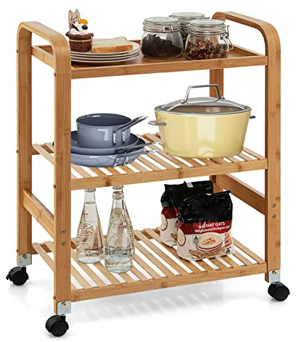 COSTWAY Servierwagen Bambus auf Rädern, Küchenwagen mit 3 Ablagen & Griffen, Lagerregal mit abnehmbarem Rollen, Rollwagen für Küche Flur Bad, Mobiler Allzweckwagen, 58 x 33 x 76 cm