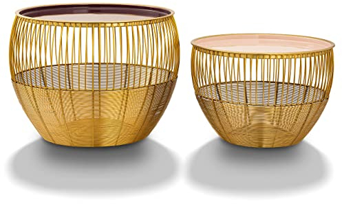 ELYFLAIR® Beistelltisch rund Gold mit Stauraum und Emaille Oberfläche 2er-Set Satztisch Wohnzimmertisch Dekotisch Kaffeetisch Sofatisch Couchtisch - für Wohnzimmer Ø49/41cm H 37/29cm (Rosé/Lila)