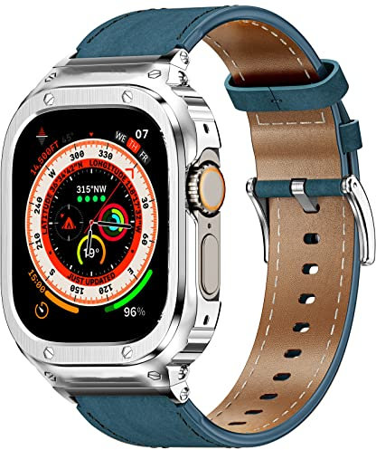 SUPLINK Correas de cuero con funda compatibles con Apple Watch Ultra 1/2 Band de 49 mm, correa de acero inoxidable sólido para Apple Watch Ultra para hombres, azul/plateado