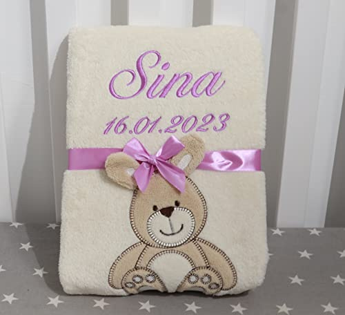 BotoBaby® - Babydecke mit Namen und Geburtsdatum - Geschenk Taufe Geburt ★ (Beige - Hase)