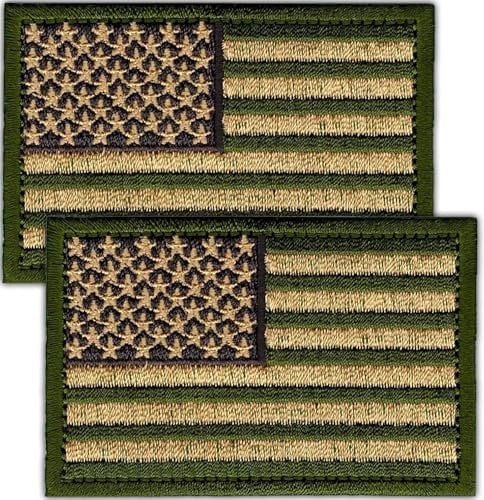 Laughing Lizards American Flag (2-Pack) Olive Drab Green Iron On Patches, Camo Army United States of America Patch, US Ranger Flag Patch for Uniforms, Hats, Backpacks, etc. (Green/Tan)