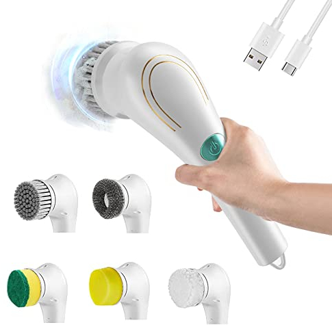Elektrische Reinigungsbürste, Spülbürste Elektrisch mit 5 Austauschbaren Bürstenköpfen, Aufladbar Wasserdicht, Handheld Reinigungsbürsten 360° zum Reinigen von Dusche, Bad, Küche - Weiß