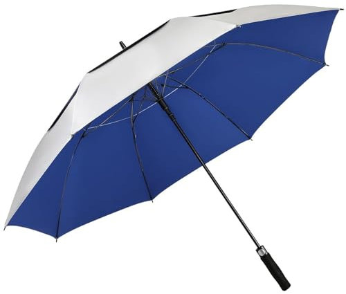 NINEMAX UV Schutz Golf Regenschirm Groß,Automatische öFfnen Golfschirm XL,Golfschirm Mit Doppellagiger Schirmstoff(Silber/Blau)