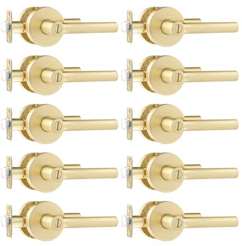 Leydebong 10 Pack Round Door Lever Privacy Door Lock Handle Keyless Lockset Door Knobs Bedroom Bathroom No Key in Gold