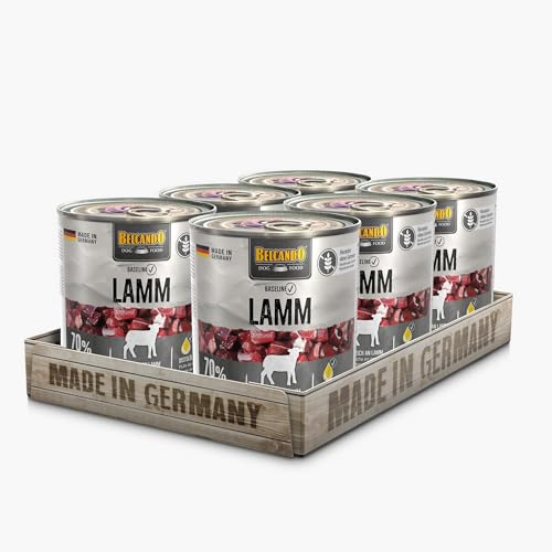 BELCANDO Baseline Nassfutter für Hunde, Lamm, 6X 800g Dose, 70% Fleisch für ausgewachsene Hunde, Hundefutter nass ohne Getreide, Made in Germany