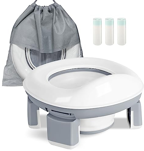 DEANIC Toilettensitz Kinder,Töpfchen Training Sitze,Reisetöpfchen 2-IN-1 Unterwegs Potty Seat Baby Faltbare Tragbar mit 60 Einweg Töpfchen Einlagen (Grau)
