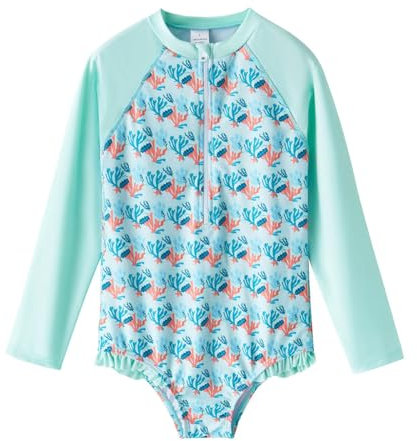 LIBREDGE Mädchen Langarm Rash Guard Einteilige Badeanzüge mit Kappe UV-Schutz (9-10Y)