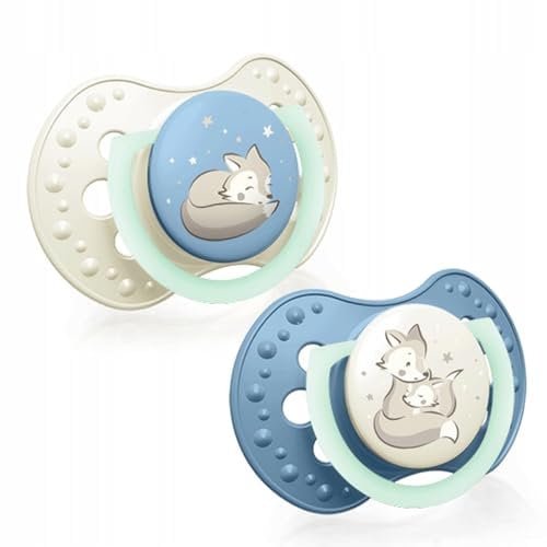 LOVI Dynamic Schnuller, BPA-freier Schnuller aus Silikon mit zusätzlichen Öffnungen, Im Dunkeln leuchtende Schnuller, Hygieneschutzhülle, 2 Stück, Blau (3-6, Night & Day Boy)