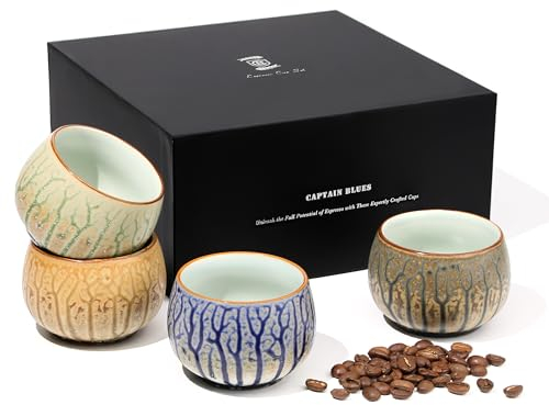Captain Blues Espressotassen Set - 4-teilig - 4 x 80 ml - Handgefertigte hochwertige Keramik Teetassen - Design ohne Griff - Spülmaschinenfest - Italienisches Espresso-Tassen-Mugs-Tee-Mokka