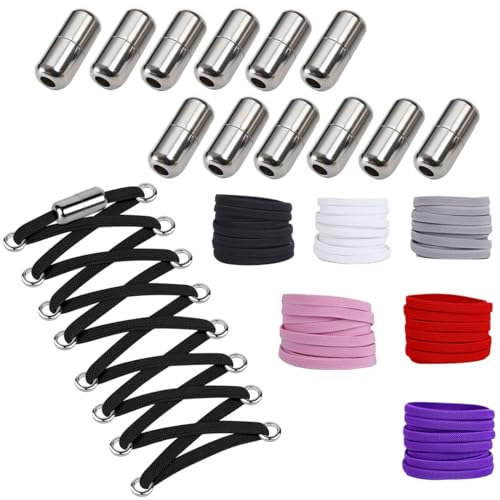 Widamin 6 Paar Flache Elastische Schnürsenkel mit Metallkapsel, Schnürsenkel Ohne zu Binden für Läufer, Kinder und ältere Menschen (Schwarz+Weiß+Grau+Rosa+Rot+Lila)