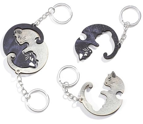 Kryzalite® Paire de porte-clés en bois en forme de chat - Porte-clés en bois avec de jolis motifs de chats - Parfait pour les couples, les amis, les porte-clés pour couple