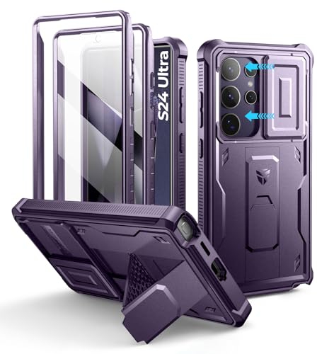 Dexnor for Samsung Galaxy S24 Ultra Case with Built-in Slide Camera Cover & Screen Protector & Kickstand, Heavy-Duty Shockproof Rugged Case Full-Body Bumper Protective Cover for S24 Ultra - Purple