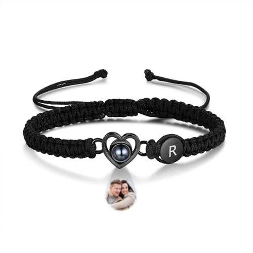 lorajewel Personalisierte Armbänder mit Foto Initialen Armband mit Bild für Herren Damen Paar Geschenk für Vatertag Weihnachten Valentinstag
