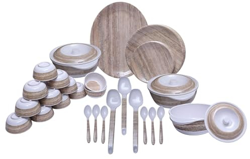 Service de table rond en mélamine 40 pièces, service de table imprimé pour cuisine, blanc et bois