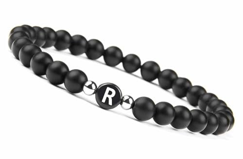 Wycian Freundschaftsarmband Aesthetic, Armband 6mm Perlen Achat Kristall Schwarz Metalllegierung Elastische Perlen mit Buchstabe R 17cmx6mm Elastisch 1er