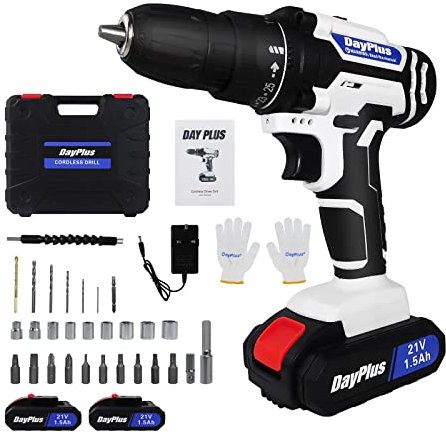 21V Cordless Drill Driver Screwdriver Set,Cordless Hammer Drill with 2 Batteries& Charger,45N.m Max Power Electric Drill Driver Set,3/8 Keyless Chuck,25+1 Torque,LED Light,29 Accessories,White