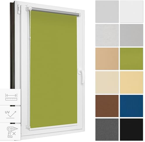 Estika Verdunklungsrollo ohne Bohren, Breite alle 1 cm - 125 cm x 150 cm - Grün - Thermorollo, Rollos für Fenster ohne Bohren, Sonnenschutz Fenster innen