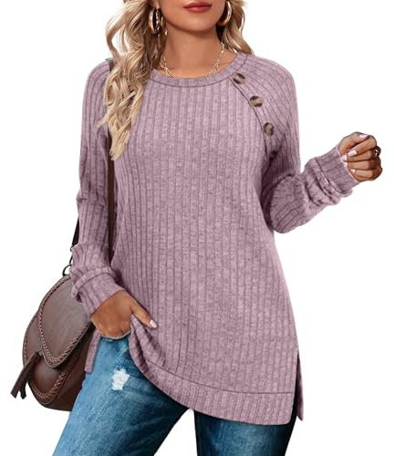Aokosor Long Sleeve Tops Women Lightweight Knitted Jumpers Ladies Button Side Splits Tunic Pink Size 10-12