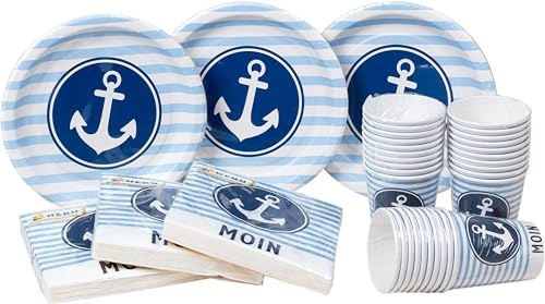 HEKU Lot de 120 pièces jetables de fête avec motif Moin et ancre I Avec assiettes en carton, gobelets de fête (0,25 l) et serviettes (33 x 33 cm) I Idéal pour les fêtes, les barbecues et les