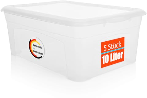 BigDean 5 Stück Aufbewahrungsbox mit Deckel 10L robust & stapelbar Plastikbox transparent Made in Germany