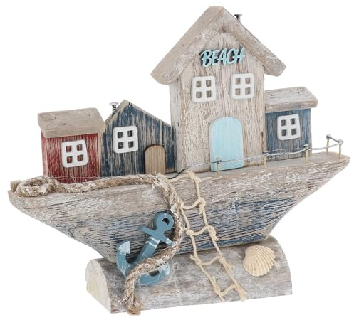 Shudehill Giftware Sandy Bay - Decorazione ornamentale per casa sulla spiaggia, design rustico a tema con faro, ancora, casa di tronchi e altro (strada barca)