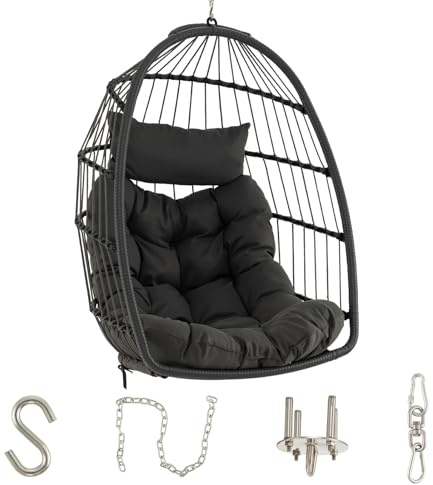 GOPLUS Hängesessel mit Kissen, Hängeschaukel bis 150kg Belastbar, Hängestuhl eiförmig aus PE Rattan, Hängekorb Sessel wetterfest, Hängesitz klappbar für Indoor Outdoor Garten, Grau